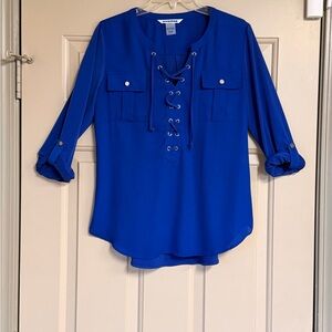 Peter Nygard Women’s Size PS Cobalt Blue Lace-Up Roll Tab Sleeves Blouse